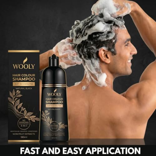 Image of Wooly Hair Colour Shampoo, Ammonia-Free, Natural Black, 180ml, Grey Coverage, for Indian Hair, with Noni Fruit Extracts, Olive Oil and Aloe Vera