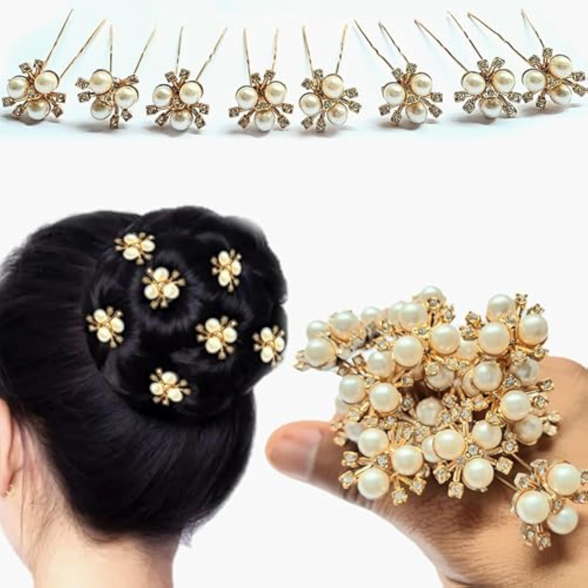 12-Piece Pearl Hair Pins Set, Gold Plated Rhinestone Design