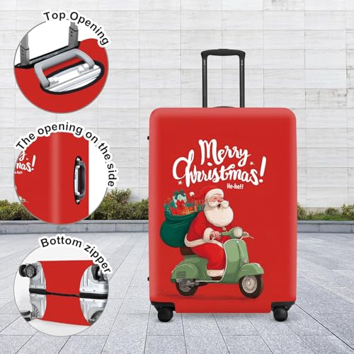 Image of Santa on Scooter Luggage Cover - Riding Green Scooter with Gifts, Whimsical Modern Holiday Design for 32 34 Inch Travel