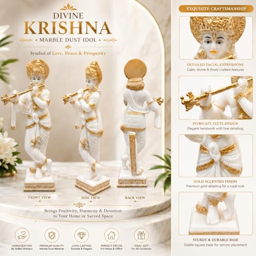 Image of ARMONIA Lord Krishna Idol Marble Dust Statue Murti |Krishana Sculpture for Home Decor,Pooja ghar,Mandir & Gifting Item |Best Gift for Wedding & Housewarming(14.9inch,White) (Include Microfiber Cloth)