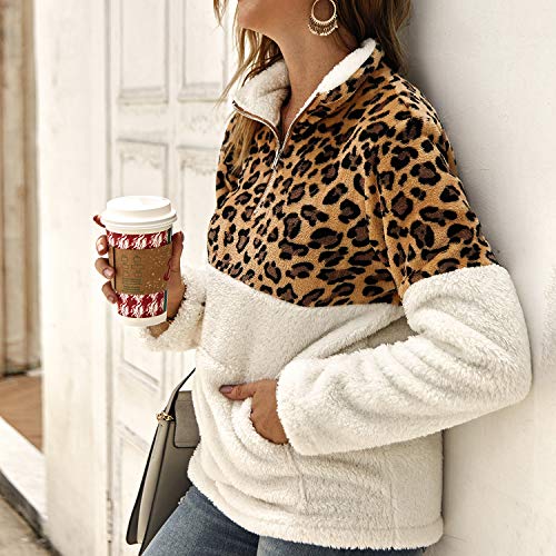 Women‘s Long Sleeve Leopard Block Zipper Sherpa Sweatshirt Soft Fleece Pullover Sweater Coat with Pockets White