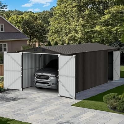 Sunjoy Outdoor Storage Shed 10 x 20 ft. Carport, Patio Metal Utility Large Storage Shed Garage with 2 Doors and 4 Vents, for Car, Truck, Bike, Garbage Can, Tool, Lawnmower, Light Grey