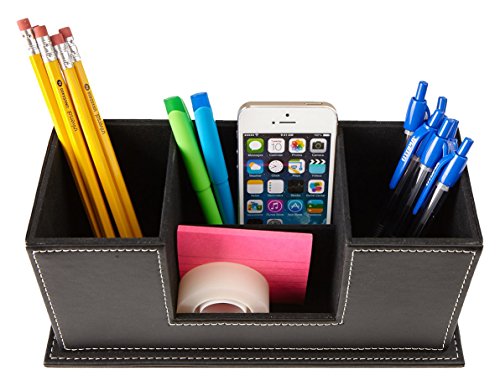 Mind Reader Office Supplies Desk Organizer Caddy, 4 Compartments, Faux Leather, Black