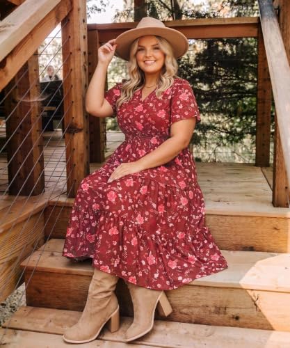 Image of TIYOMI Women Plus Size Dress Boho V Neck Short Sleeve Beach Maxi Dresses Floral /Stripe /Leaves /Lemon XL-5XL