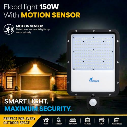 Image of Forus 150W LED Flood Light Amber with Motion Sensor Auto On Off Day Night Mode Waterproof Outdoor Security Light for Garden Parking Garage Factory Warehouse High Bright Floodlight 4Yr Warranty-1Pc