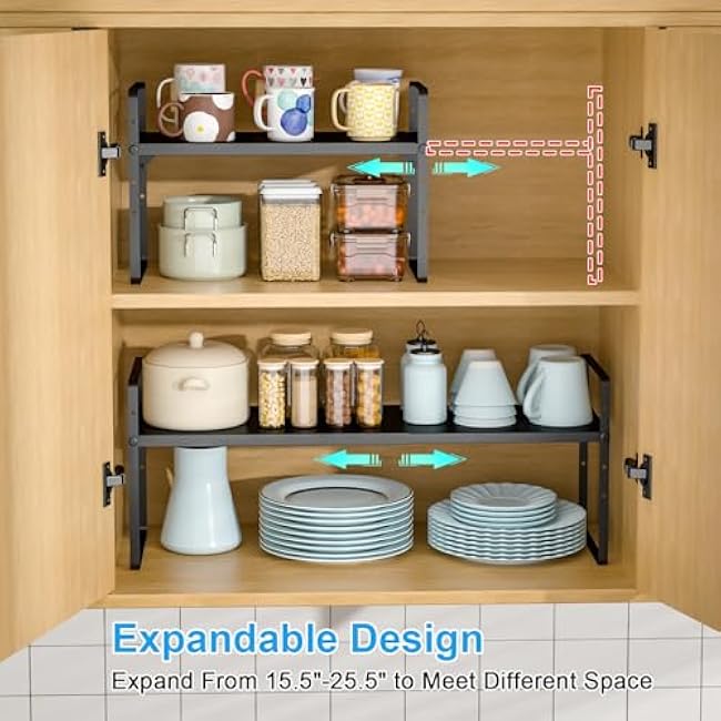 15.5 to 25.5 Inch Expandable Kitchen Cabinet Organizer Shelf, 2 Pack 30 LBS Heavy Duty Adjustable Kitchen Counter Storage Shelves Organizers,Stackable Small Storage Shelf Rack For Cabinet Cupboard
