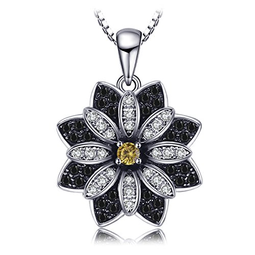 JewelryPalace Rond Fleur Pendentif Pierre Naturelle Quartz Fumé et Spinelle Noire Cubique Zircon en Argent Sterling 925 Pour Femme, Ensemble Parure de Bijoux Fille,...