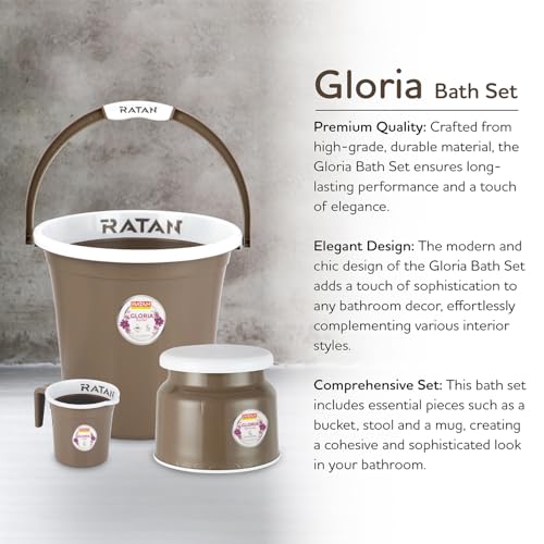 Image of RATAN PLASTICWARE Plastic Bathroom Set of 5 Pieces Combo Pack Gloria Plain 18 Liters & 20 Liters Bucket + Nova Stool Patla 107 + Two Gloria Plain Bath Mug 1 Liter Color Light Brown