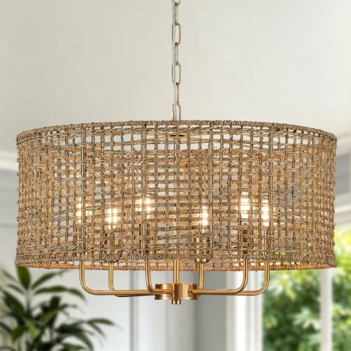 Image of 23.6 inch Large Rattan Chandelier, 6-Light Gold Wicker Light Fixture