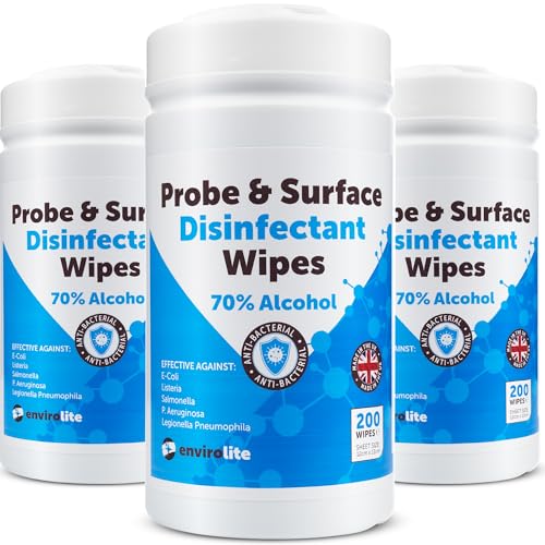 Antibacterial Wipes - 3 x Tubs of 200 Alcohol Wipes for Cleaning Surfaces and Kitchen Food Probes Disinfectant Sterile Probe Wipes Food Safe
