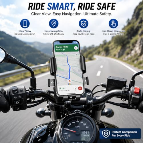 Image of Bike Phone Holder for Handlebar, One-Touch Lock Mobile Mount, 360 Rotatable Motorcycle Phone Holder, Shockproof Anti-Slip Clamp for 4-6.9 Inch Smartphones, Bicycle & Scooter (BS-01)