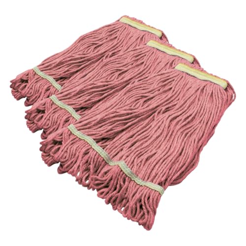 Image of SPARTA Flo-Pac Acrylic Mop Head, Loop-Ended, Narrow Band with 1 inch Yellow Band for Organized Cleaning, Small, Red (Pack of 3)
