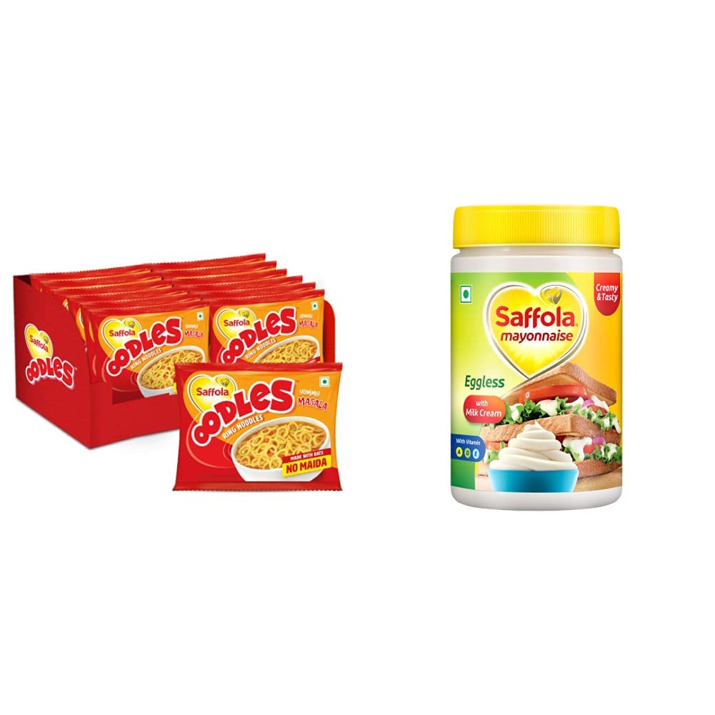 Saffola Oodles, Instant Noodles, Ring Shape, Yummy Masala Flavour, No Maida, Whole Grain Oats, 12 x 53g & Saffola Mayonnaise Eggless, With Milk Cream, Extra Creamy & Tasty, 250g