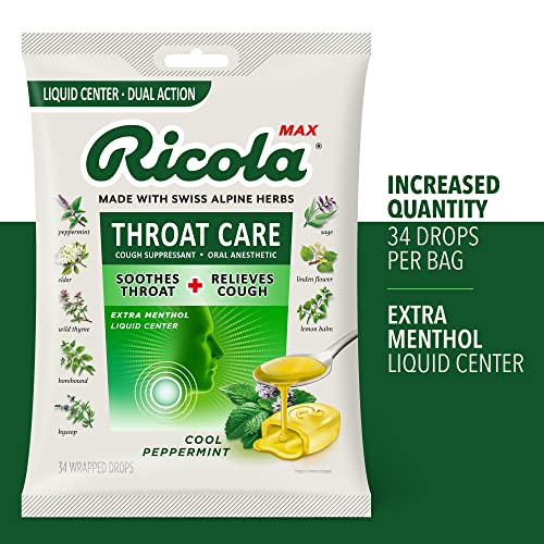 Ricola Max Throat Care Cool Peppermint Large Bags | Cough Suppressant Drops | Dual Action Liquid Center | Soothing Long-Lasting Relief - 34 Count (Pack Of 2) #TOP1