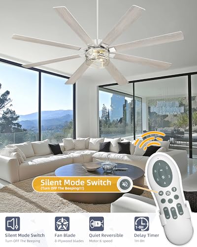 Image of YOUKAIN Ceiling Fans with Lights, 72 Inch Farmhouse Ceiling Fan with Light and Remote, 8-Reversible, Brushed Nickel Finish, Indoor /Outdoor Ceiling Fans for Living Room, Bedroom, 72-YJ632-BNW