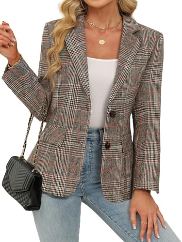 Lei sure Womens Houndstooth Plaid 2 Button Blazer Jacket Notch Lapel Business Casual Long Sleeve Office Blazer2