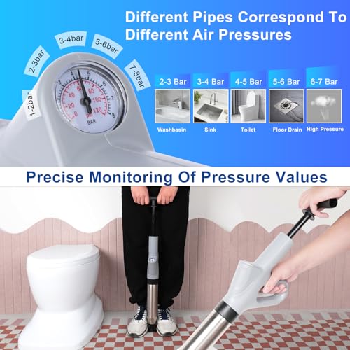 Image of CAPHONT Toilet Plunger Blaster, High Pressure Toilet Plunger, Stainless Steel Air Drain Blaster Plunge Blaster with Visual Barometer for Toilets, Bathroom Floor, Drain Sinks and Plumbing Clogs