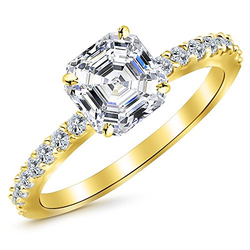 14K Yellow Gold 1 Carat LAB GROWN DIAMOND Classic Side Stone Pave Set Asscher Cut Diamond Engagement Ring (E-F Color VS2-SI1 Clarity 0.75 Ct Center)