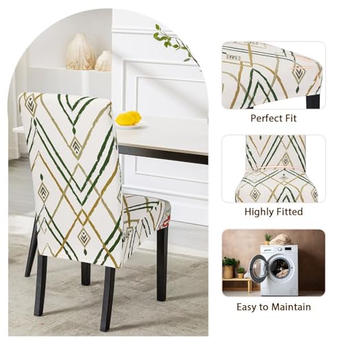 Image of SearchI Dining Room Chair Covers Set of 6, Stretch Printed Kitchen Chair Slipcovers Removable Washable Parsons Chair Covers Protector for Dining Room, Hotel, Ceremony (Beige-Green Stripe)