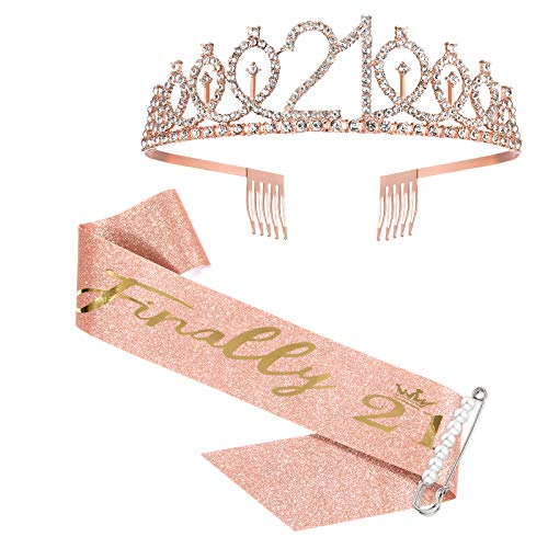 21st Birthday Sash and Crown for Girls, Finally 21 Birthday Sash and Rhinestone Tiara Set for Girls, 21st Birthday Gifts for Happy 21st Birthday Party Favor Supplies