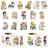 PANTIDE 500Pcs Vintage Bunny Sticker (2Rolls) Easter Cartoon Cute Rabbit Baby Doll Round Stickers Self-Adhesive Decorative Birthday Gift Tag Wrapping Decoration School Reward Easter Party Supply