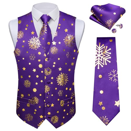 DiBanGu Christmas Men's Suit Vest and Tie Snowflake Waistcoat Necktie Pocket Square Cufflinks Set Festival Party Gifts