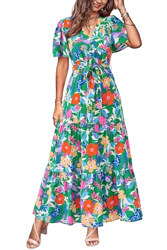 Image of MASCOMODA Women Boho Swiss Dot Maxi Dresses Wrap V Neck Flutter Short Sleeve Solid Tie Waist A Line Tiered Flowy Long Dresses