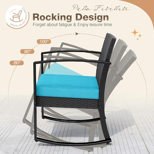 Image of Greesum 3 Piece Patio Furniture Set, All-Weather Imitation Rattan Conversation Set, Outdoor Rocking Chair Bistro Set with Glass Top Coffee Table for Pool, Deck, Porch, Garden or Balcony, Blue