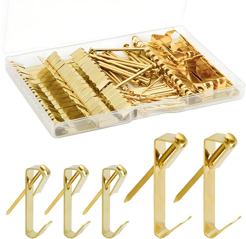 Image of 50 Sets of Picture Hanging Kit, 30lb(30 Sets) and 50lb(20 Sets) Picture Hangers, Metal Picture Hanging Hooks with Nails, on Drywall, Wooden Wall(Gold), YF-PicHanger-30LBX30+50LBX20