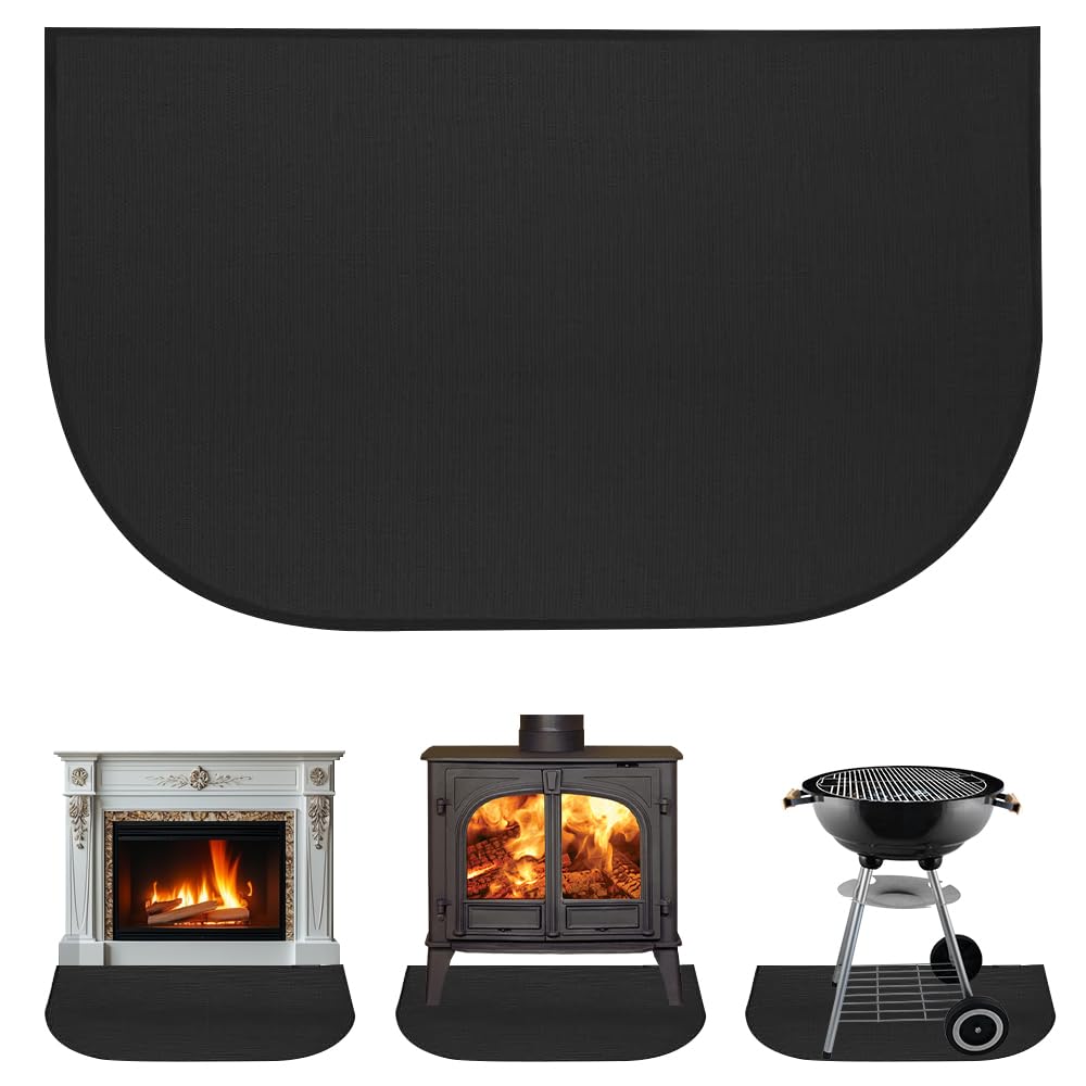 RNPKZ Hearth Rugs for Fireplaces, 102x50 cm Fireproof Fireplace Mat, Fireproof Indoor Fireplace Mat, Ember Protection Mat for Fireplace Stove Indoor Outdoor, Protects Floors from Sparks Embers (Black)
