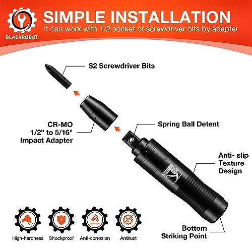 BLACKROBOT 1/2" Manual Impact Screwdriver Set, 10-Piece Reversible Hand Impact Driver, 5/16 Inch Bit Adapter S2 Steel Bits, Disengage Rusted Fasteners or Frozen Bolts — view 5