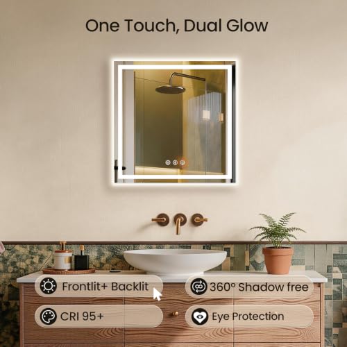 Image of 24x24 LED Bathroom Mirror with Anti-Fog, Backlit & Front Lit, Memory | Stepless Dimmable 3 Color CRI 95+ Shatterproof Tempered Glass ETL Listed for Safety Lighted Bathroom Vanity Mirror for Wall