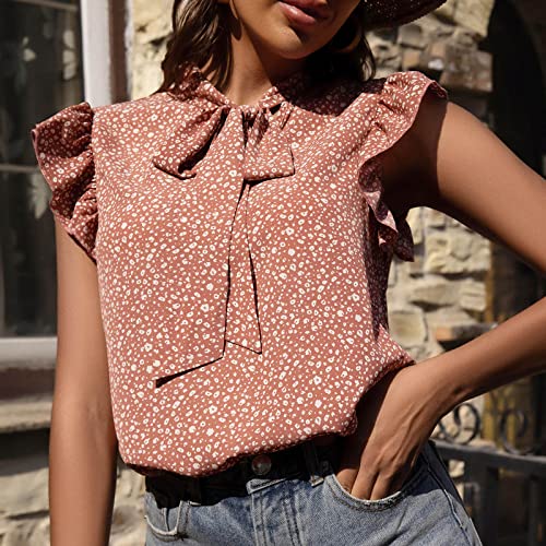 Women Tops V Neck Bow Tie Sleeveless Ruffle Blouse Love Heart Patchwork Chiffon T Shirt Tunic, Spring Small Fresh Casual Tees for Teen Girls - Worn for Daily, Dating, Party