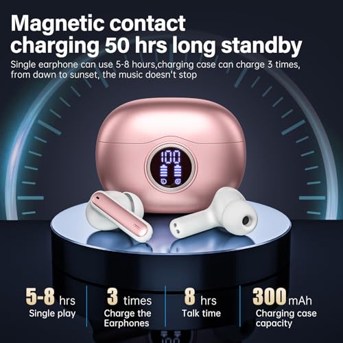 Image of A10 Pro Wireless Earbuds Bluetooth 5.3 HiFi Stereo, 50H Playback LED Digital Display Earphones, ENC Noise Cancelling Mic, Ergonomic Sport Headphone Headset for Gym /Running /Work - Rose Gold