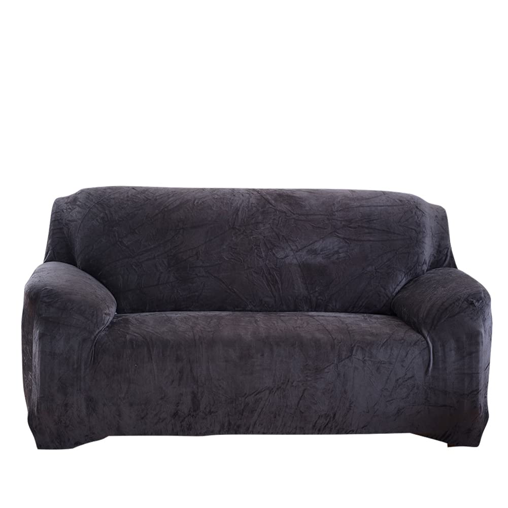 Topchances Plush Sofa Cover 1/2/3/4 Seater Pure Color Sofa Protector Velvet Easy Fit Elastic Fabric Stretch Slipcover Soft Couch Covers (Dark Grey, 2 Seater(140-170cm))