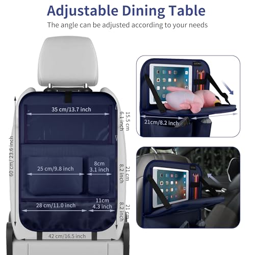 Image of LUCMO Car Backseat Organizer with Foldable Tablet Holder, Dark Blue | 2 Pcs,6 Storage Pockets,Foldable Food Tray,Protectors Kick Mats,Travel Accessories,Seat Cover,Road Trip Essentials