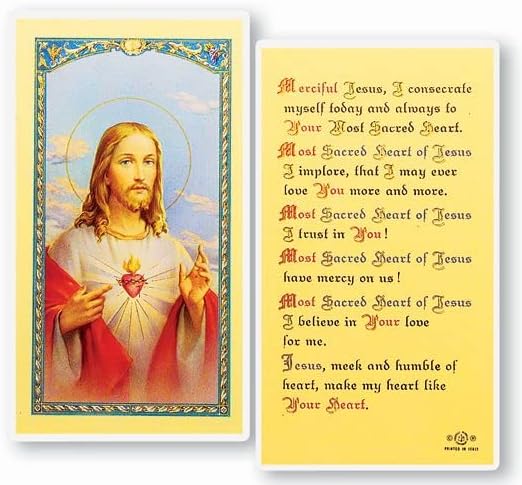 Sagrado Corazón de Jesús Laminado Tarjeta Santa de Oración Católica con Oración en la Parte Posterior, Tarjeta Individual