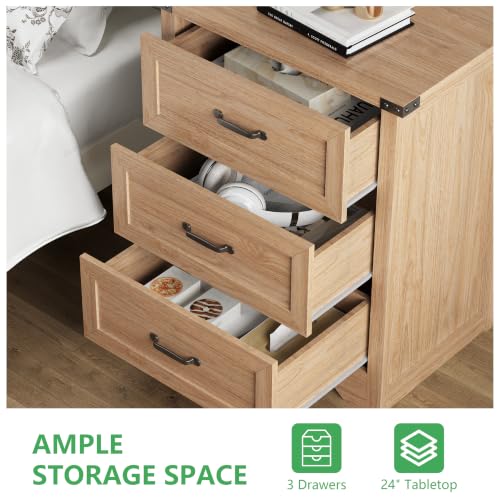 Image of Xixini Nightstand Set of 2 with 3 Storage Drawers, Tall Side Table, Oak
