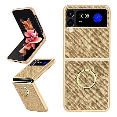 WOLAFOO für Samsung Galaxy Z Flip 3 Hülle mit Ring Ständer, Handyhüllen für Galaxy Z Flip 3 PC+Kreuzmuster PU Leder Stoßfest Strapazierfähig Z Flip 3 Hülle Ringständer Hülle 5G Cover