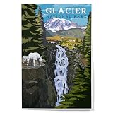 Lantern Press 12x18 Inch Art Print Wall Decor, Glacier National Park, Montana, Mountain Goats and Waterfall