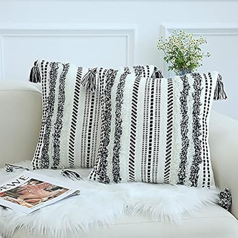 decorUhome Set of 2 Cushion Covers, Boho Sofa Cushion, Decorative Cushion Covers, Soft Cushion Cover, Couch Cushion for Sofa, Couch, Living Room, Bedroom, Black, 50 x 50 cm Cover