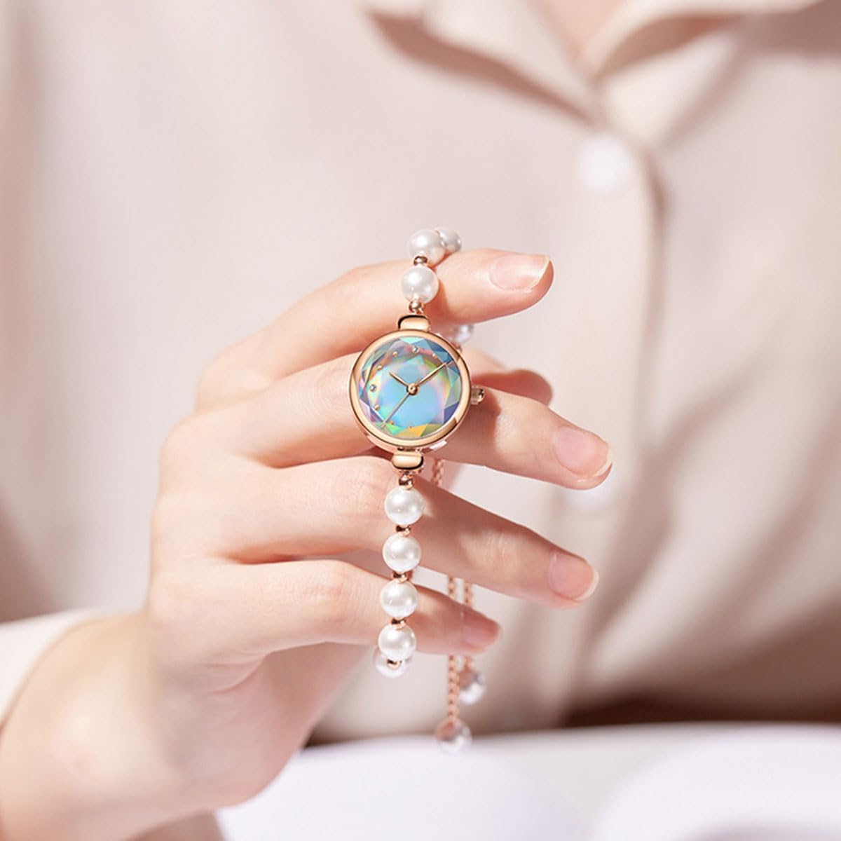 ADSBIAOYE Elegant Pearl Bracelet Watch for Women Fashion Small Round dial Jewelry Wristwatch Women Analog Quartz Waterproof Dainty Gold Ladies Gift Watch - Image 4