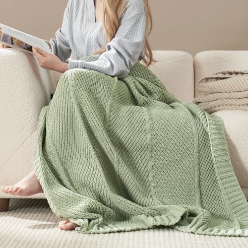 Amélie Home Chevron Chenille Knit Throw Blanket for Couch, Cozy Texture Decorative Soft Blanket for Sofa & Chair, 60"x80", Sage Green