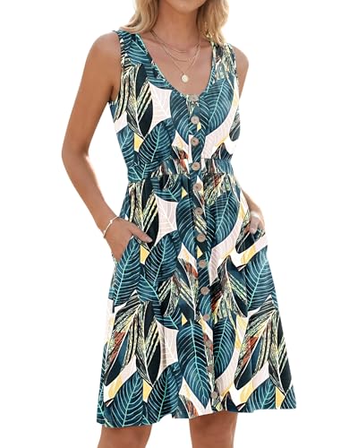 AUSELILY Sommerkleid Damen Ärmellos V-Ausschnitt Strandkleid Elastische Taille Freizeit Knopfleiste Keid mit Taschen Blau Drucken M