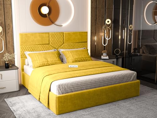 Image of Acacia Modern Upholstered King Size Bed with Box Storage for Bedroom | Wooden Double Bed with Storage | Platform Cot Bed with Upholstery Premium Fabric | 6.5 x 6 Ft | Sheesham Wood (Butter Yellow)