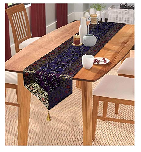 Image of Ari Zari Embroidery Table Runner for ining Table 6 Seater 72IN Indian Satin Traditional Long Runner Up with Tassels Tablecloth for Room & Runner (Navy Blue)