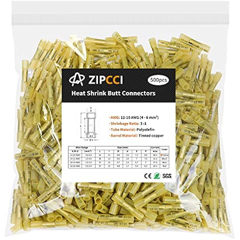 ZIPCCI 500Pcs Yellow Waterproof Heat Shrink Butt Connectors for Marine, Automotive and Electrical Repair Trailer Wiring - Includes Butt Splice and Crimp Connectors for Wire Cover