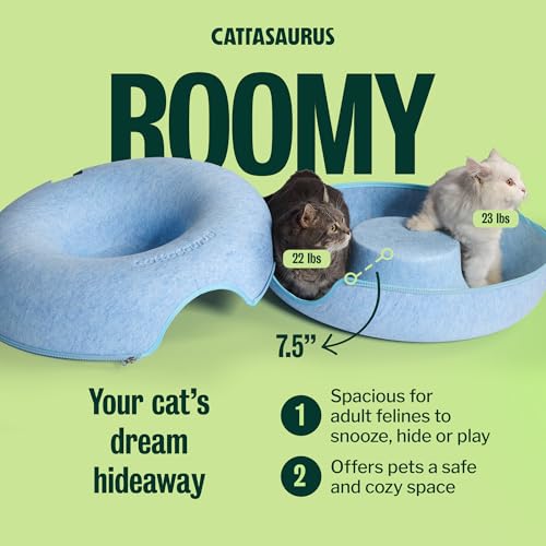 Image of Cattasaurus Peekaboo Cat Cave Donut for Multiple & Large Cats up to 30-45 lbs, 3-in-1 Self Warming Cat Bed, Tunnel & Scratcher for Indoor Cats, Washable & Detachable Small Dog Bed (Blue, Large)