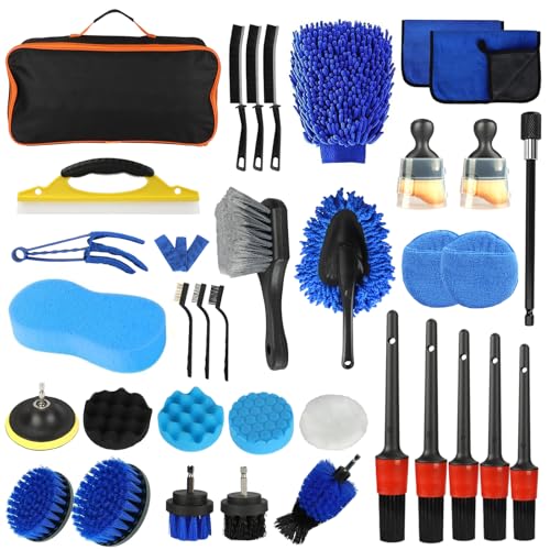 Kit Limpieza Coche,36 pcs Juego de limpieza de coche,Cepillo para Taladro Limpieza,Cepillo Limpieza Coche con Cepillos,Esponjas para Pulir,Kit Limpieza Coche Interior para Interior Y Exterior