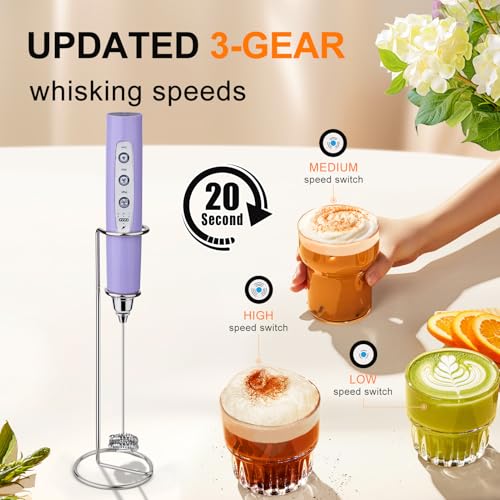 Image of YUSWKO Light Purple Rechargeable Milk Frother for Coffee with Stand, Handheld Drink Mixer with 3 Heads 3 Speeds Electric Stirrers for Latte, Cappuccino, Hot Chocolate, Egg